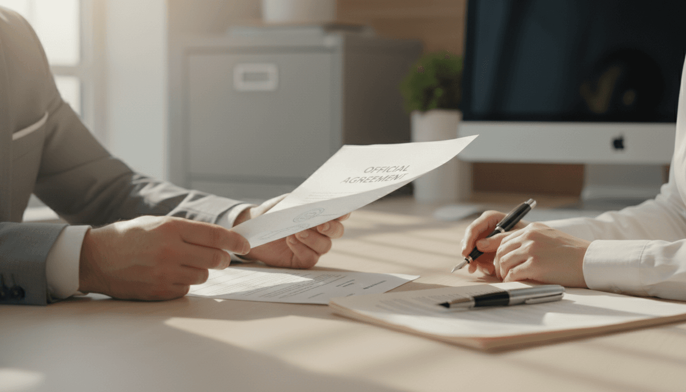 Professional notary reviewing documents at desk with natural lighting