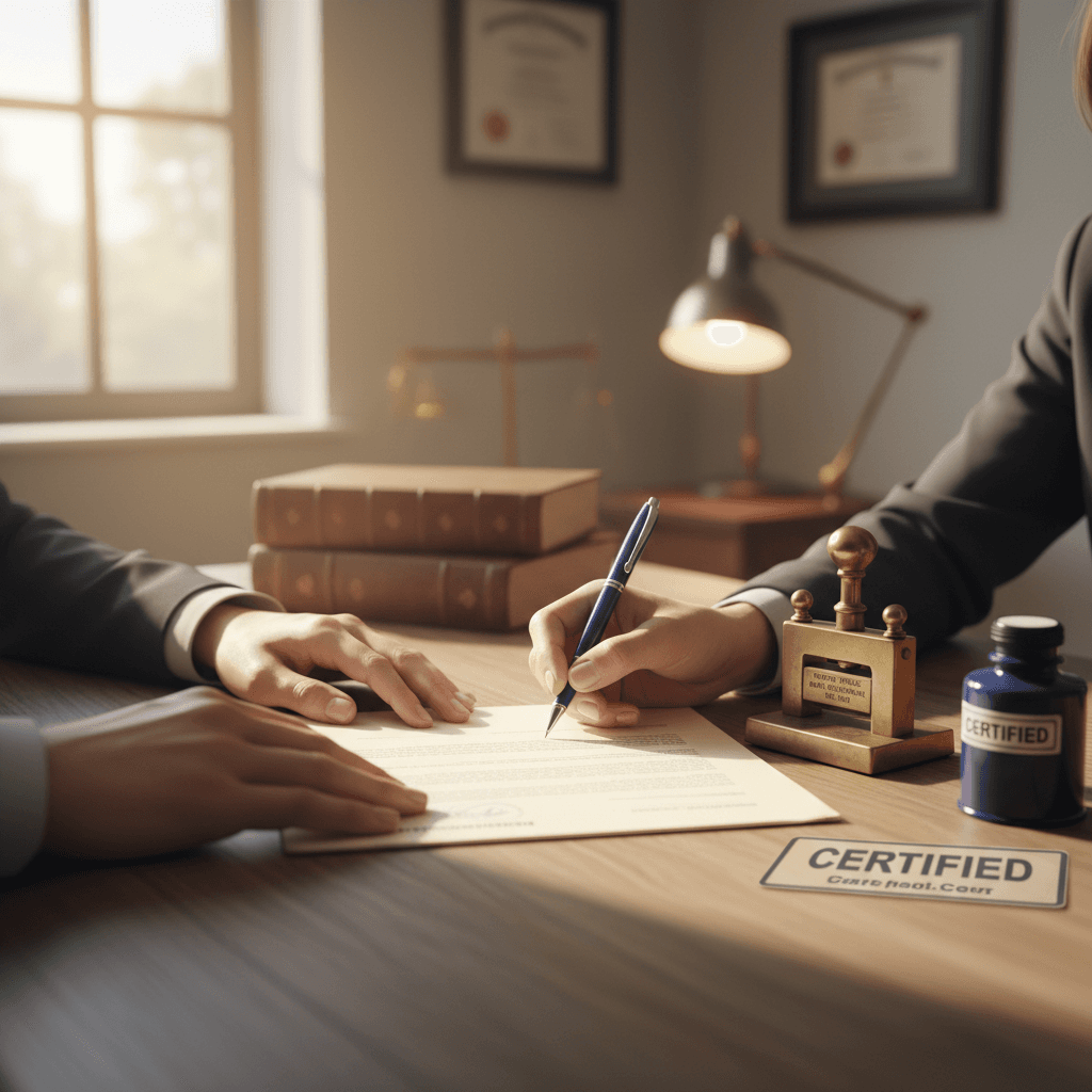 Professional notary assisting with document signing