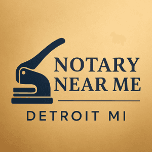 Notary Near Me Detroit MI logo with a blue seal embosser icon on gold background.